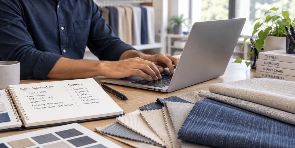 Textile professional researching fabric suppliers on a laptop with fabric samples
