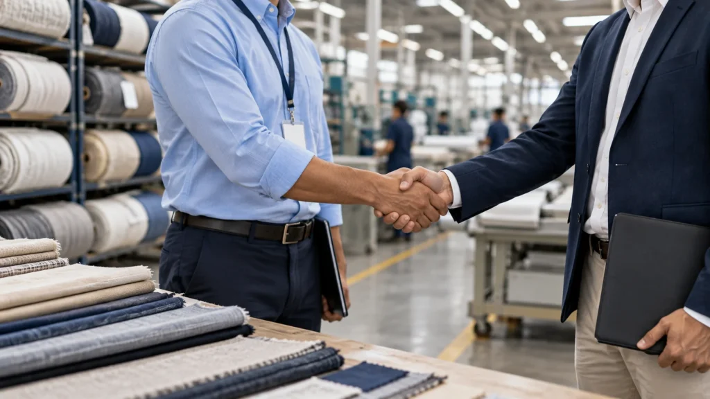 Business professionals shaking hands during a textile supplier meeting