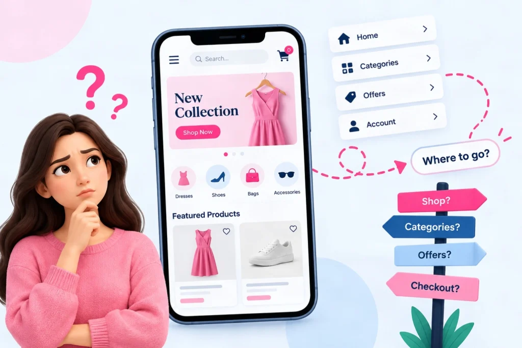 E-commerce website with unclear navigation and multiple shopping options