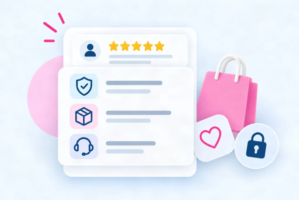 E-commerce trust signals with customer reviews, secure checkout, returns, and customer support