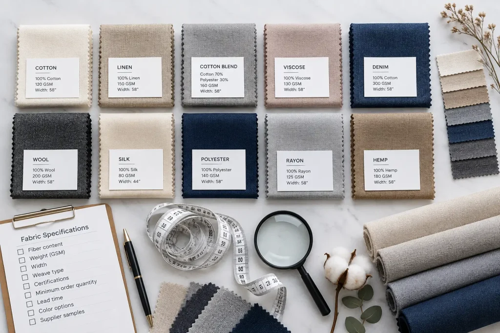 Fabric swatches with fiber, GSM and width specifications for B2B textile sourcing