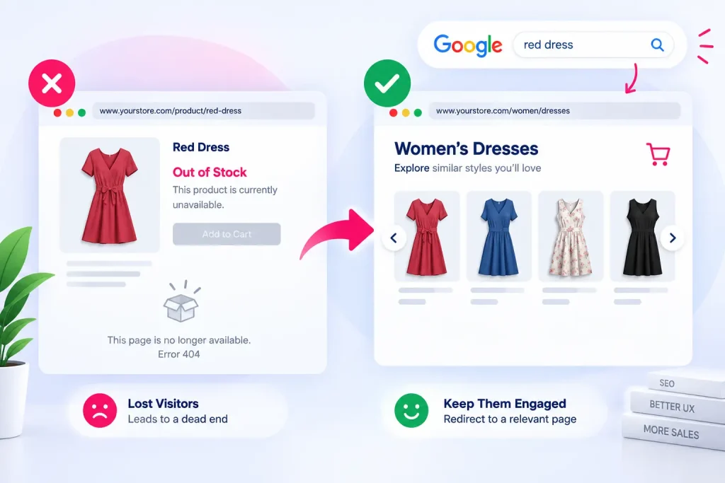 Out-of-stock fashion product page with redirect