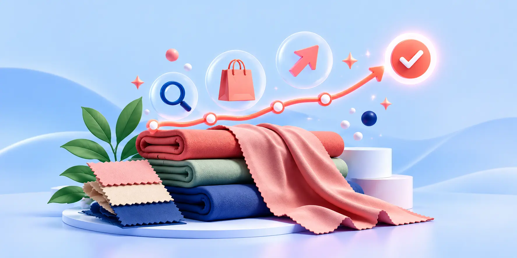 Fabric rolls and swatches with a rising growth chart and checkmark, representing SEO results for a fabric supplier