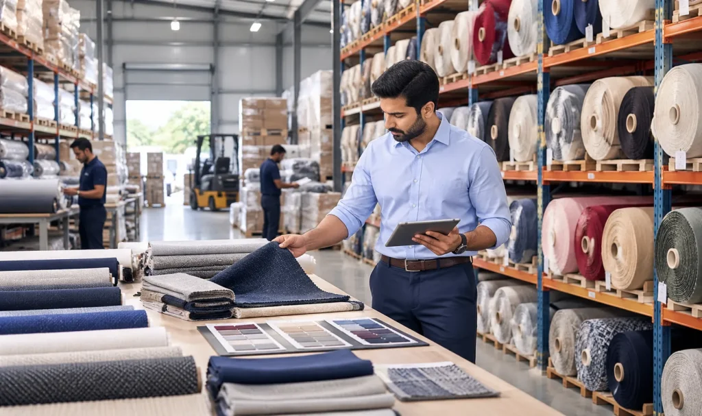 Fabric and textile wholesale warehouse with procurement professional inspecting fabric samples