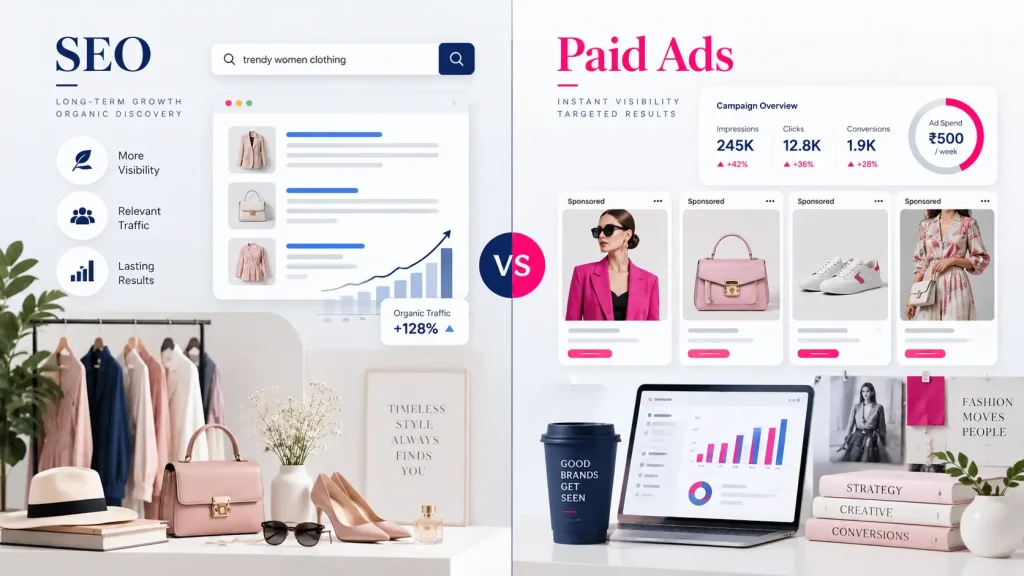 SEO vs paid ads for fashion brands showing organic search and paid advertising strategies