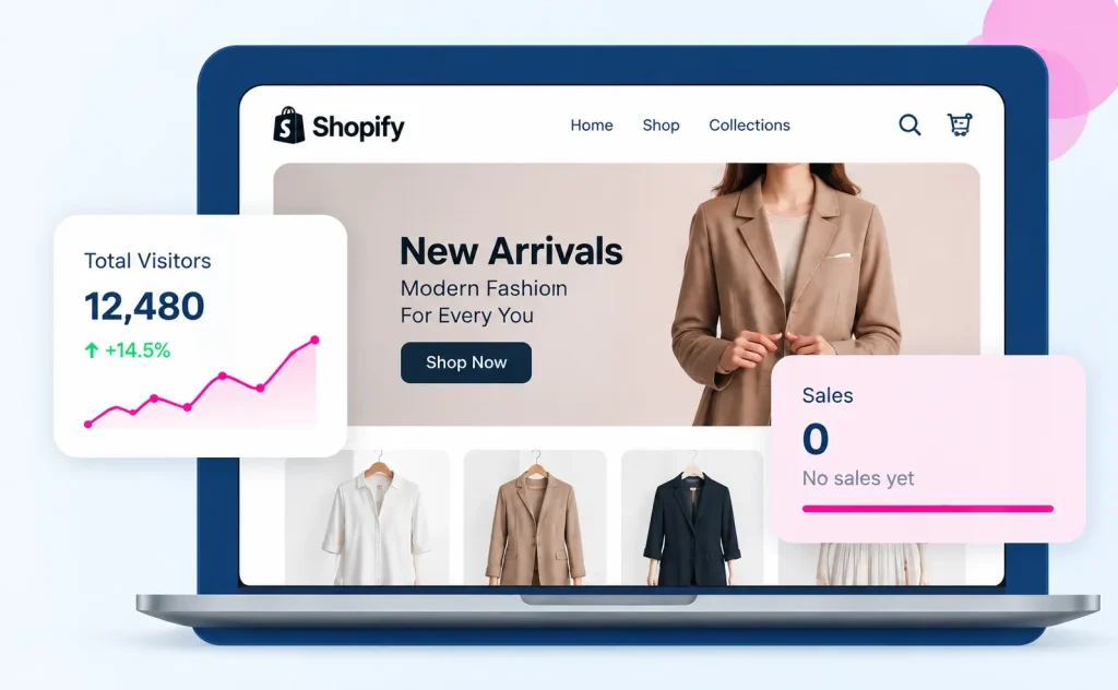 Shopify store traffic and sales analytics displayed on a fashion e-commerce website
