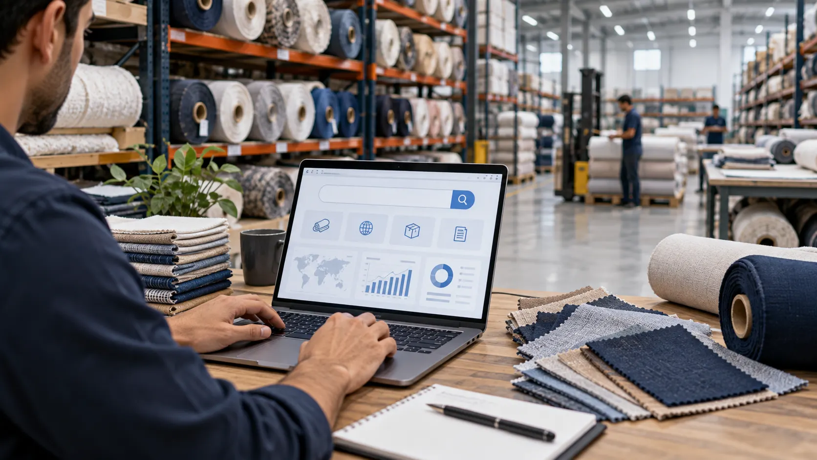 Textile warehouse with fabric rolls, swatches and laptop analytics dashboard