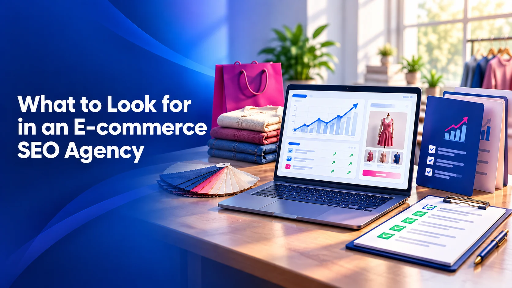 E-commerce SEO agency blog header with analytics dashboard, checklist and proposal folders