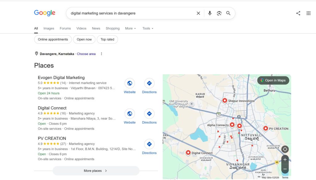 Evogen Digital Marketing ranking first for local SEO services in Davangere